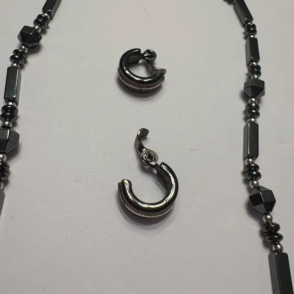 Women Hematite Style Beaded Necklace Beaded Bracelet and Small Clip on Earrings